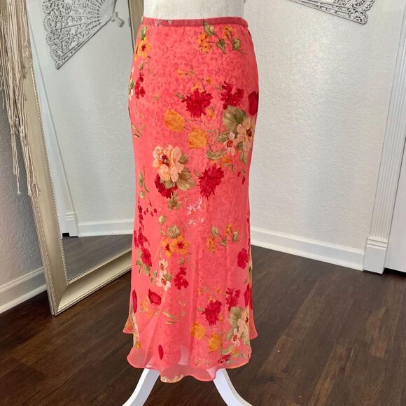 Early 2000's Pink Orange Red Flower Floral Fairy Reversible Mesh Maxi Skirt S M - Picture 4 of 6
